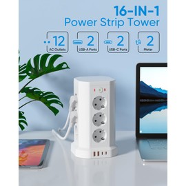 Te-Rich 16-IN-1 Steckdosenleiste mit USB Mehrfachsteckdose ??berspannungsschutz mit Schalter, 12 Fach Steckdosenturm mit 2 USB-C und 2 USB-A f??r B??ro K??che Tisch