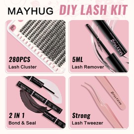 Mayhug Lash Extension Set, 40D Eyelash Extensions Set, 9-16 mm Cluster Lashes, 280 Pieces, D Curl, Individual Eyelashes, Natural DIY Lash Extension Set for Beginners (40D-9-16 Mix Kit)