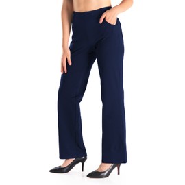 Yogipace,4 Pockets/Belt Loops,Petite Women's High Waisted Stretchy Straight Leg Relaxed Fit Yoga Dress Pants,29",Navy Blue,Size XS