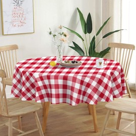 QIKSION 6 Pack Red Gingham Plastic Tablecloth Disposable Circle Table Covers Red and White Checkered Table Cloths for Parties Bridal Shower Birthday Wedding (84 Inch)