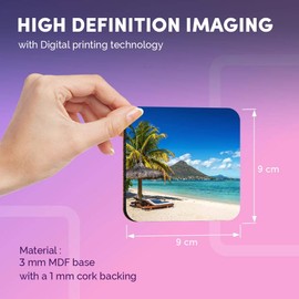 Destination Vinyl ltd Great Coasters (Set of 4) Square - Mauritius Beach Beach Tropical Drink Glossy Coasters/Tabletop Protection for Any Table Type #16660