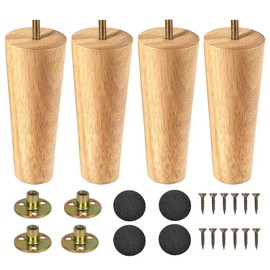 LCOUACEO Furniture Feet, Wooden Table Legs, Pack of 4, Conical Furniture Legs, Replacement 15 cm Sofa Feet, Wooden Legs for Furniture, Cabinet Legs, Cabinet Feet with Mounting Plate, Rubber Pads for