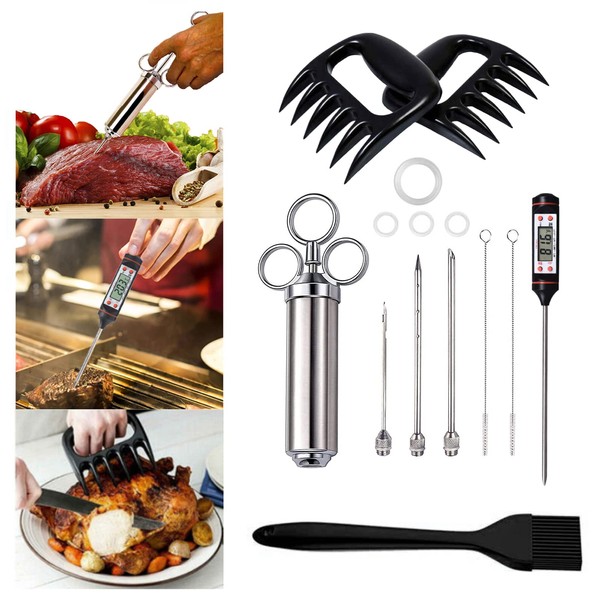 Select Zone BBQ Roasting Syringe Set, Meat Syringe in 304 Stainless Steel with 1 Marinating Brush, 3 Needles, 1 Pair of Meat Claws, 1 Grill Thermometer for BBQ Grill