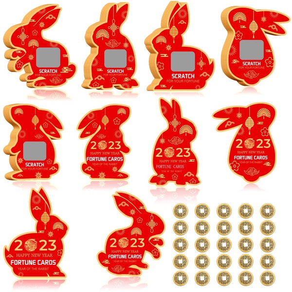 100 Pcs Chinese New Year Scratch Off Cards 2023 Year of The Rabbit Fortune Cards with 25 Feng Shui Chinese New Year Coin Chinese Decorations Money Good Luck Charms for Party Games Good Culture