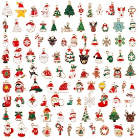 Tikplus Pack of 100 Christmas Charms, Enamel Christmas Pendants, Small Jewellery Charms, Jewellery Making, Gold Christmas Tree Pendant Decoration for Necklace, Earring, Bracelet, DIY, Plastic, No