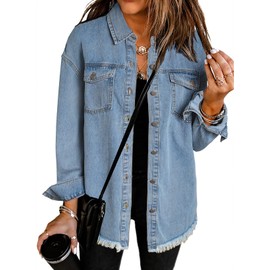 Dokotoo Womens Washed Boyfriend Oversized Lapel Button Up Long Sleeve Denim Trucker Jacket Distressed Ripped Denim Jackets Fashion Distressed Jean Jacket for Women Sky Blue L