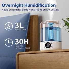 Hilife Humidifiers for Bedroom, 3L Ultrasonic Cool Mist Humidifiers for Home Baby Nursery & Plants, Auto Shut-Off, Filterless