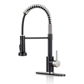 DJS Kitchen Faucets with Pull Down Sprayer Matte Black & Brushed Nickel -【High Arc】 Single Handle 1 or 3 Holes Spring Kitchen Sink Faucet with Deck Plate for Farmhouse RV Vessel Basin