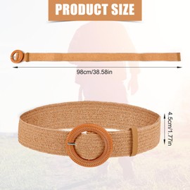 Mikovivi 2pcs Braided Waist Belts for Women, Straw Woven Elastic Belt Summer Dress Belts Boho Wide Stretch Braided Belt with Round Buckle for Women Girls (Black, Light Camel)