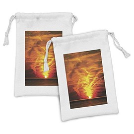 Ambesonne Landscape Fabric Pouch Set of 2, Sunset over the Sea Golden Yellow Horizon Sailing Outdoors Dusk Nature Mediterranean, Small Drawstring Bag for Toiletries Masks and Favors, 9" x 6", Orange