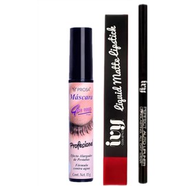 Kit Máscara de pestañas Profesional Prosa + Labial liquido mate y delineador retractil IVY Maquillaje Ojos y Labios (Negro)