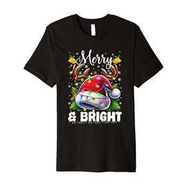 Merry and Bright Light Christmas Red Santa Hat Reindeer Xmas Premium T-Shirt
