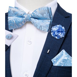 DiBanGu Light Blue Bow Ties for Men Paisley Pretied Bow Tie Silk Bowtie Set with Pocket Square Lapel Pin Cufflinks Adjustable