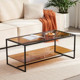 Shrine Brown Glass Coffee Table, Modern Design, Dual-Layer Coffee Table for Living Room, Black Metal Frame, Brown Glass Top