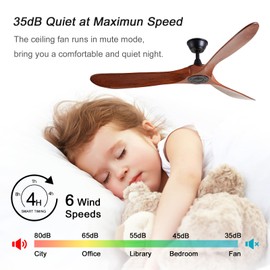 Yifi Deco Wood Ceiling Fan No Light with Remote, Indoor Outdoor 60 inch Ceiling Fan Without Light, Noiseless Reversible DC Motor 3 Blade Walnut Ceiling Fan for Farmhouse Patio Living Room Bedroom