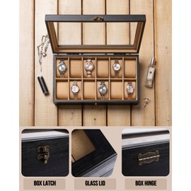 Exper City Watch Box, Watch Case for Men Women with Large Glass Lid, Wooden Watch Display Storage Box with 12 - Slots, Black Mens Watch Box Organizer