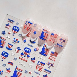 4th of July 5D Nail Art Stickers Decals Red Blue White American Flag Self-Adhesive Embossed Nail Decals Stars Designs Independence Day Nail Decorations DIY Nail Supplies for Women Kids