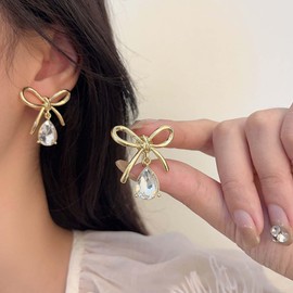 Bow Earrings for Women Gold Clip On Earrings Rhinestone Pearl Bow Christmas Earring Trendy Stuff for Women