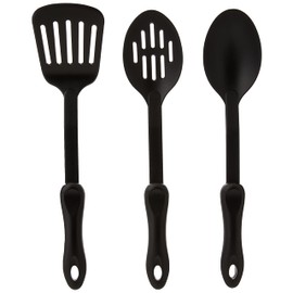 KitchenCraft Anti-Scratch Kitchen Utensils Set, Nylon, Cooking Spoon, Slotted Spoon, Fish Slice, 34 cm (14"), 3 Piece Set, Black