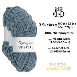 HobbyMia Velvet XL - Chenille Yarn for Crocheting - 100g / 74yds - (6) Super Bulky Yarn - Fluffy Yarn for Crochet - Crocheting Baby Blankets (14428 - Cadet Gray, 3 Skeins)