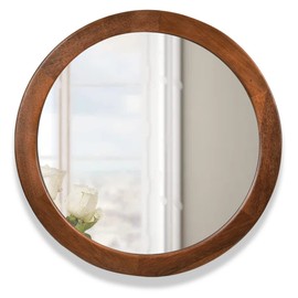CULER Round Wood Mirror 24 Inch,Circle Mirror with Walnut Frame for Wall,Rustic Decorative Round Wall Mirror for Bathroom Bedroom Entryway（Walnut Brown）