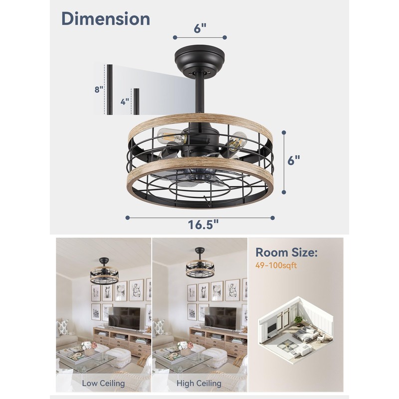 LEDIARY 16.5in Caged Ceiling Fan With Light, Fandelier Industrial Ceiling
