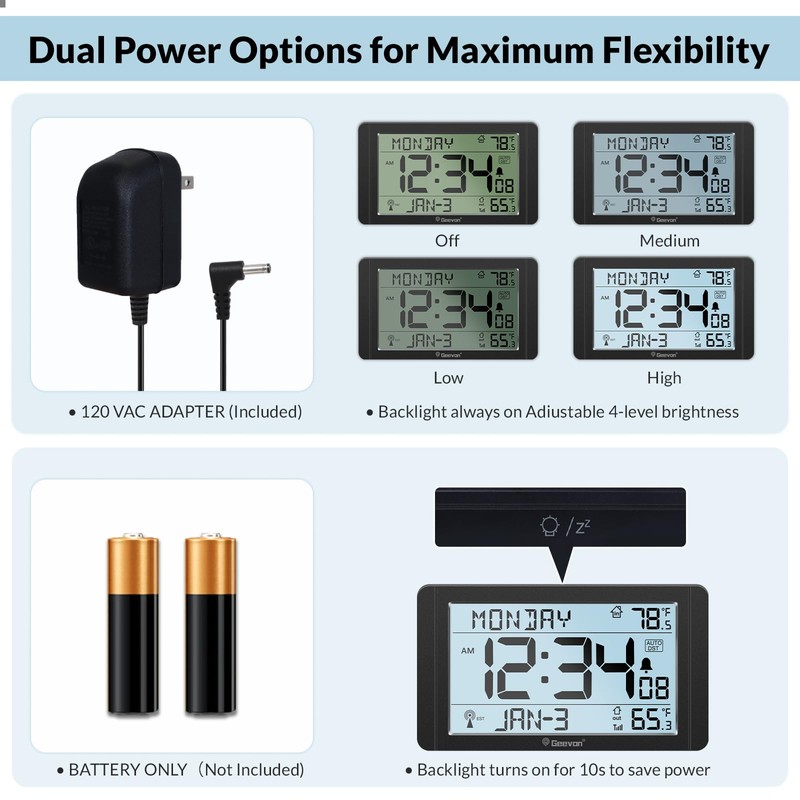 Geevon Atomic Clock with Indoor Outdoor Temperature–10.8'' Self-Setting Digital Wall