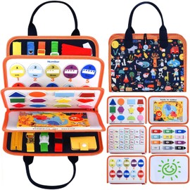 LONGLIV Libro Sensorial, Tablero Montessori Ocupado, Juguetes Didacticos para Niños, Juguetes Montessori Educativos 3-5 Años para Aprender Colores, Números y Formas (Naranja)