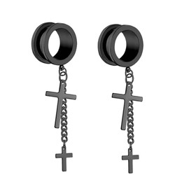 Gualiy Men's Titanium Flesh Tunnel, Earring Tunnel 6-25 mm with Chain and Cross Pendant, Silver and Black Tunnel, Pack of 2, Stainless Steel, No gemstone