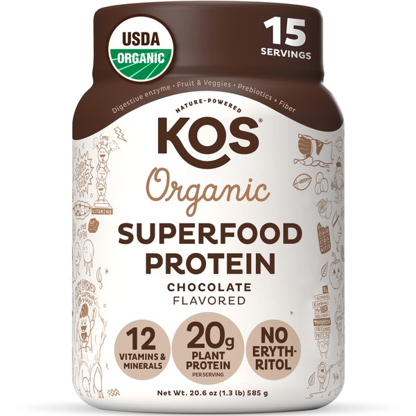 KOS Plant Based Protein Powder, Chocolate USDA Organic - Low Carb Pea Protein Blend, Vegan Superfood with Vitamins & Minerals - Keto, Soy, Dairy Free - Meal Replacement for Women & Men - 15 Servings