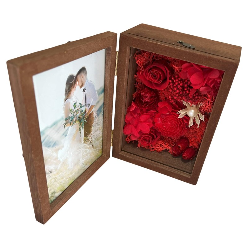 Q-FLA 813085 Arrangement Photo Frame, Preserved Flowers, Brown, Red, Mother's