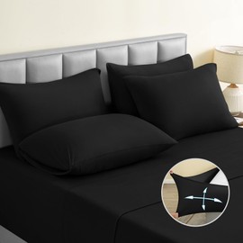 BYSURE Jersey Knit Queen Sheet Set 6 Pieces, Stretch Super Soft and Wrinkle-Free Bed Sheets, Spandex Blend with 18-inch Deep Pocket, Black