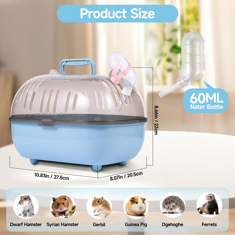 Small Animal Carrier Cage with Water Bottle, Portable Hamster Travel