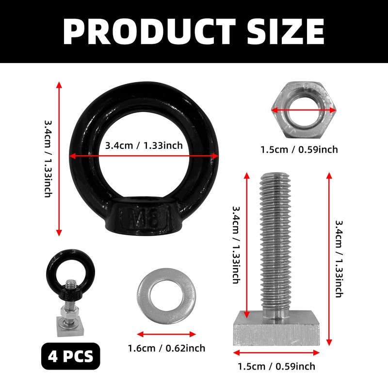 4 Pack M8 T-Slot Bolt with Eye Nut, Stainless Steel