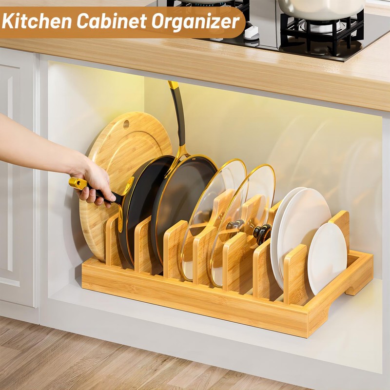Kiasthome Bamboo Pot and Pan Organizer, Pot Lid Organizer Holder