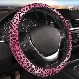 Pink Steering Wheel Cover for Women, Leopard Pattern Steering Wheel Cover Protector Non Slip Breathable Universal 15 Inch Cute Car Accessories