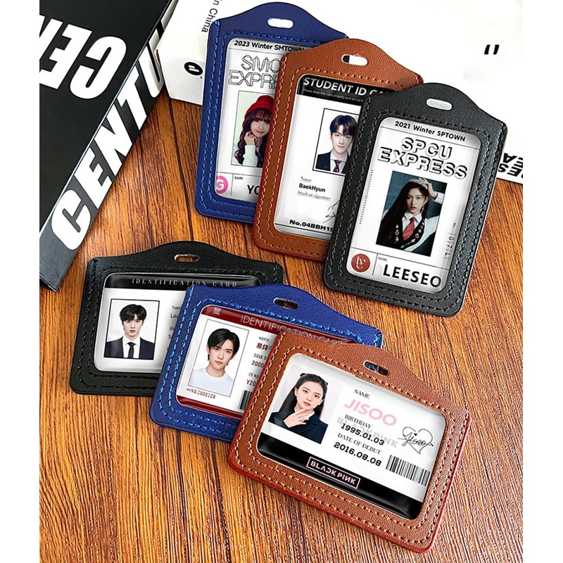2 Pcs Black&Brown Leather ID Badge Holder, One Sided Clear