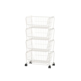 PUSDON Stackable Metal Storage Carts, Dual Use Shelf for Kitchen Fruit Vegetable Baskets with Wheels, Storage Rack for Living Room, Home & Office, Standard White 4 Tiers