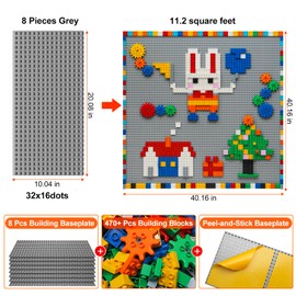 MIMAX Customize Building Block Wall, 470+ PCS Activity Wall Mount Toys Bricks with Self Adhesive Baseplate 8PCS (20"x10") for All Major Brands, Art Build On Table Wall, Gray
