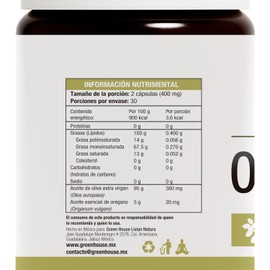 Aceite de orégano, 60 cápsulas de 200mg, adicionado con aceite de oliva, con arvacrol, suplemento sin OMG y sin gluten, formula antioxidante y antiinflamatoria, green house