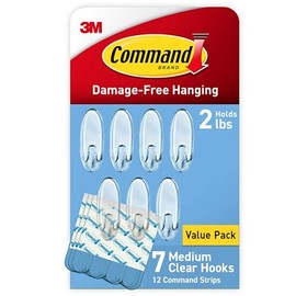 Command - Ganchos de pared transparentes medianos, 7 ganchos de pared y 12 tiras de mando, sin daños para colgar con calcomanía, ideal para colgar la decoración del hogar, soporta hasta 2 libras