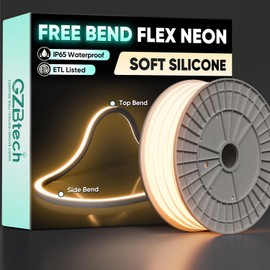 GZBtech 110-120V LED Neon Rope Lights 50FT/15M, 3D Top & Side Free Bend 2800K Warm White Silicone Neon Strip Light, 122+LM/FT Diver-Free IP65 Waterproof Rope Lighting for Indoor Outdoor Decoration