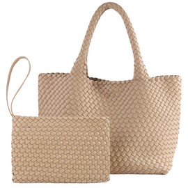 SporGenius Woven Bag for Women, Vegan Leather Tote with Handwoven Purse, Large Top Handle Handbag (Apricot)