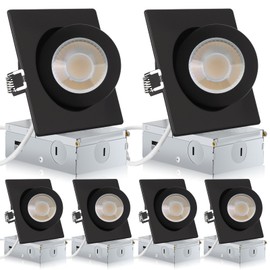 KnLnny Ware Square Black Gimbal Recessed Lighting 4 Inch 6 Pack, Ajustable Eyeball recessed Light with Junction Box,5 Color Selectable,Airtight,9W 750LM,Dimmable,Black