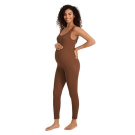 Summer Mae Maternity Bodysuit Ribbed Pregnancy Romper Jumpsuit Sleeveless Tank Top Leggings Shapewear Unitard Brown 12-14