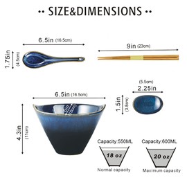 UNICASA Japanese Ramen Bowl Set with Chopsticks, Spoons and Rests, 20oz Deep Porcelain Noodle Bowl Set of 2 for Udon, Pho, Salad, Soup (Reactive Blue)