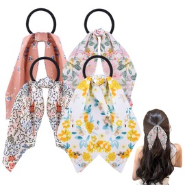 Chiffon Floral Bow Hair Rope for Women Flower Print Hair Bow Tie with Bowknot Rubber Bands for Hair Scrunchies for Women Bachelorette Party Accessories with Bow for Womens Elastic Hair Ties 4PCS
