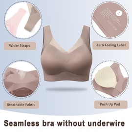 Cavotor Wireless Bras for Women Comfort Support Non Wired Sport Bra for Large Busts Seamless Padded Soft Mesh Bralettes (Coffee,L)