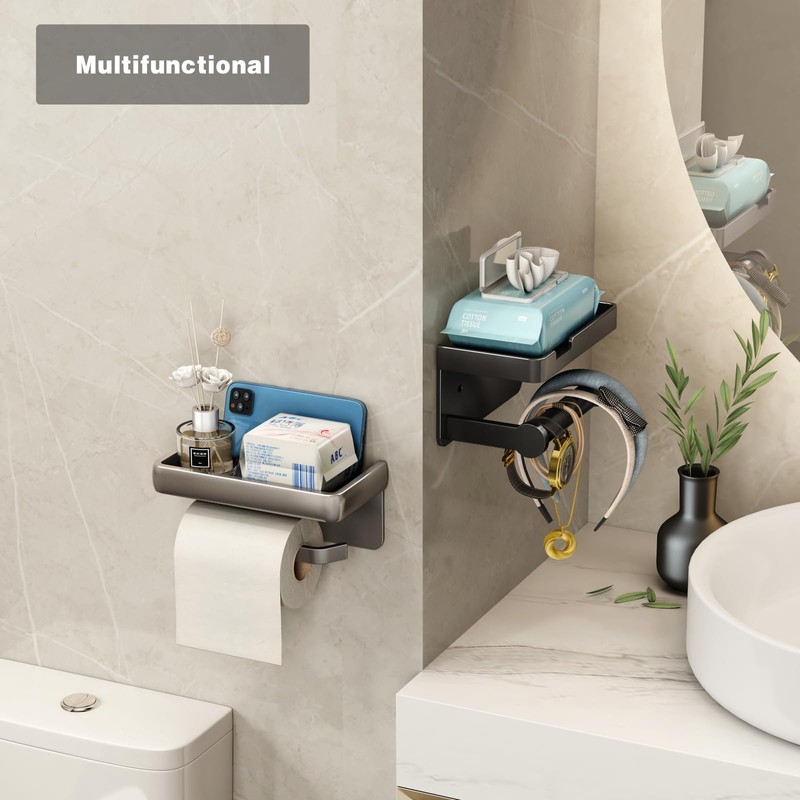 VOLDRA Toilet Paper Holder with Phone Shelf, Self-Adhesive or Screw-in