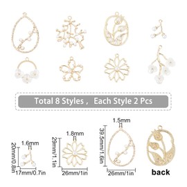SUNNYCLUE 1 Box 16Pcs 8 Styles Pearl Charms Gold Filigree Hollow Flower Pendants Alloy Teardrop Branches Oval Ring Shape for Necklaces Earrings Bracelets DIY Crafts Making Supplies
